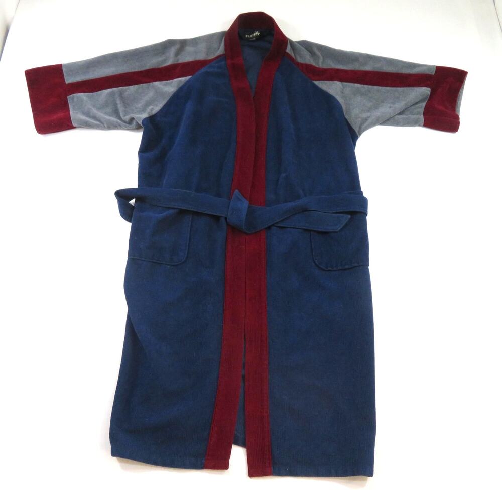 Playboy Bath Robe Vintage Corduroy Blue Red Tagged One Size L-XL? Smokers Spa